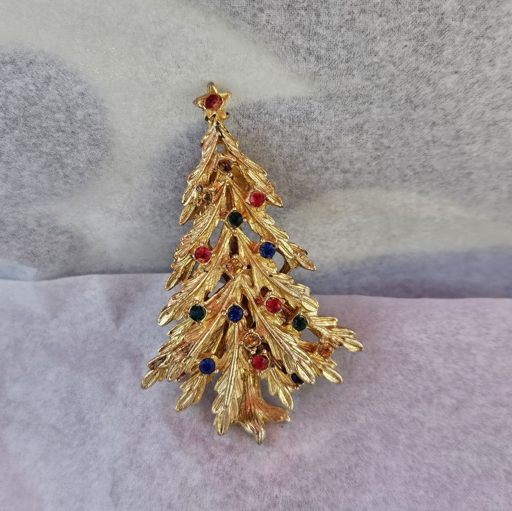Gold Christmas Tree Brooch with Multicolor Accents